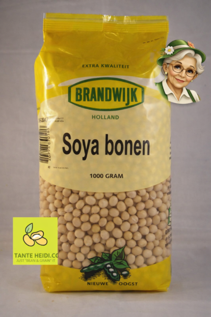 Soyabonen Brandwijk 1000g verpakking met Tante Heidi rechtsboven en logo linksonder