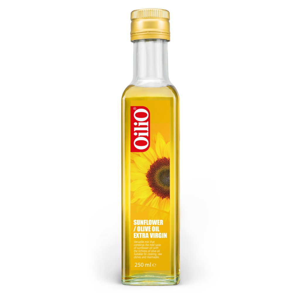 Oilio Zonnebloem-/Olijfolie 250ml Oilio Zonnebloem-/Olijfolie 250ml – natuurlijke mix zonder conserveermiddelen