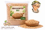 biologische kikkererwten 5kg in verpakking met houten schaal