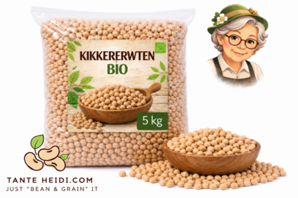 biologische kikkererwten 5kg in verpakking met houten schaal