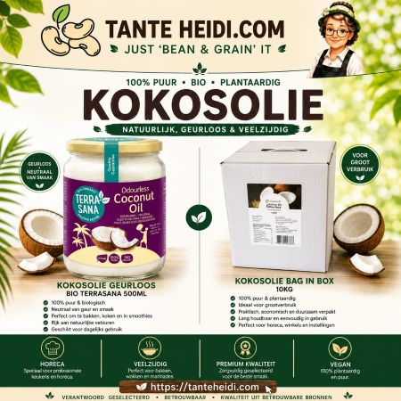 Tante Heidi Assortiment Kokosolie Assortiment kokosolie van Tante Heidi voor bakken, braden en koken.