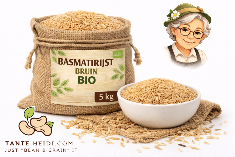 Basmatirijst bruin BIO 5kg – Tante Heidi Basmatirijst bruin BIO 5kg in jute zak met witte kom met bruine basmatirijst – TanteHeidi.com