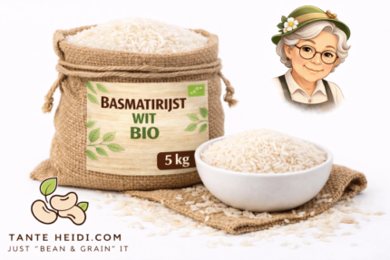 Basmatirijst wit BIO 5kg in jute zak met witte kom met basmatirijst – TanteHeidi.com