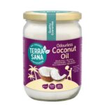 Kokosolie geurloos BIO van Terrasana 500 ml voor bakken, braden, wokken en frituren.