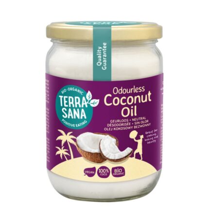 Kokosolie geurloos BIO van Terrasana 500 ml voor bakken, braden, wokken en frituren.