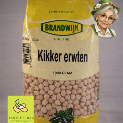 Kikkererwten Brandwijk 1000g verpakking met Tante Heidi rechtsboven en logo linksonder