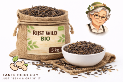 Rijst wild BIO 5kg in jute zak met witte kom met wilde rijst – TanteHeidi.com biologische rijst