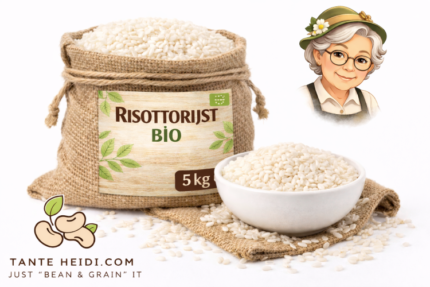 Risottorijst BIO 5kg in jute zak met touw en witte kom met risottorijst – TanteHeidi.com biologische rijst