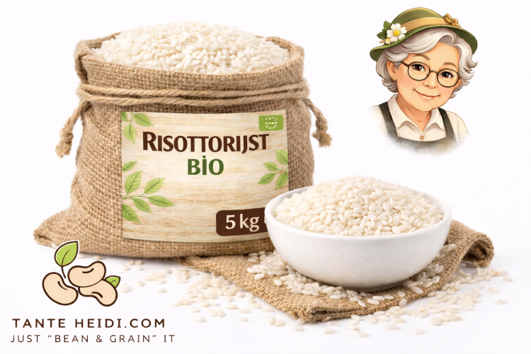 Risottorijst BIO 5kg – Tante Heidi Risottorijst BIO 5kg in jute zak met touw en witte kom met risottorijst – TanteHeidi.com biologische rijst