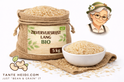 Zilvervliesrijst lang BIO 5kg in jute zak met witte kom met zilvervliesrijst – TanteHeidi.com