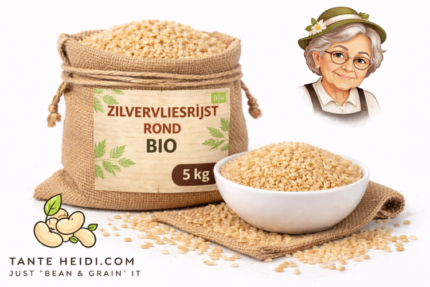 Zilvervliesrijst rond BIO 5kg in jute zak met witte kom met ronde zilvervliesrijst – TanteHeidi.com