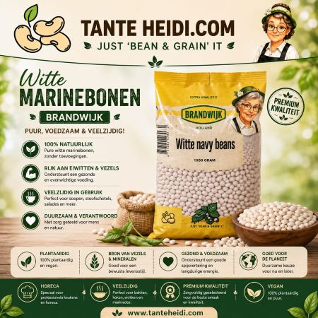 Witte Marinebonen Brandwijk 1000 g TanteHeidi.com Brandwijk witte marinebonen 1000 gram, gedroogde bonen voor soepen, salades, stoofgerechten en ovenschotels.
