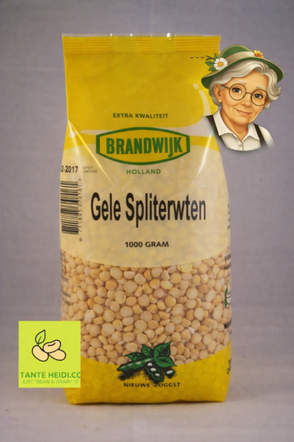 Gele spliterwten Brandwijk 1000g verpakking met Tante Heidi rechtsboven en logo linksonder