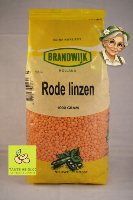 Rode linzen Brandwijk 1000g verpakking met Tante Heidi rechtsboven en logo linksonder