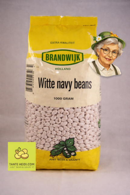 Witte marinebonen Brandwijk 1000g verpakking met Tante Heidi logo rechtsboven en logo linksonder