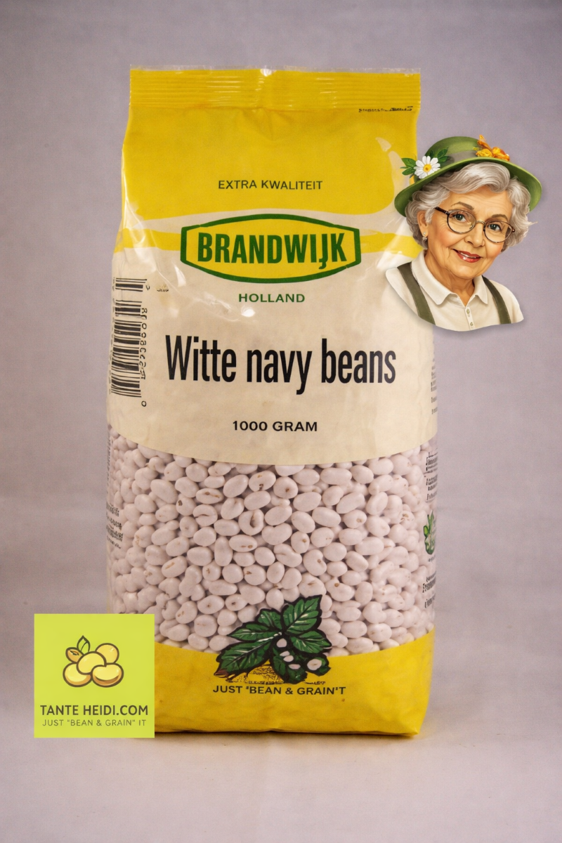 Witte marinebonen Brandwijk 1000g -Tante Heidi Witte marinebonen Brandwijk 1000g verpakking met Tante Heidi logo rechtsboven en logo linksonder