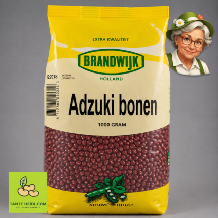 Adzuki bonen Brandwijk 1000g met Tante Heidi logo en illustratie
