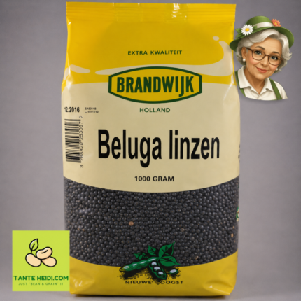 Beluga linzen Brandwijk 1000g met Tante Heidi logo en illustratie