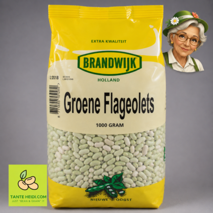 Groene flageolets Brandwijk 1000g met Tante Heidi logo en illustratie