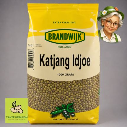 Katjang idjoe Brandwijk 1000g met Tante Heidi logo en illustratie