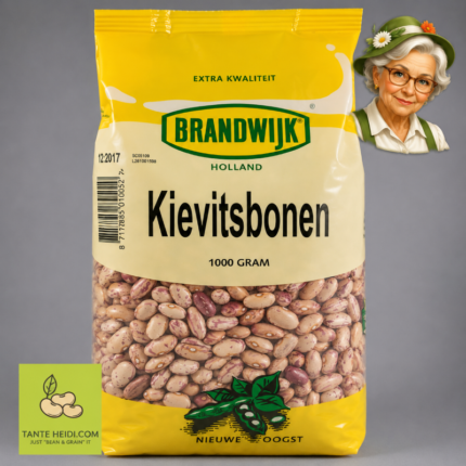 Kievitsbonen Brandwijk 1000g met Tante Heidi logo en illustratie