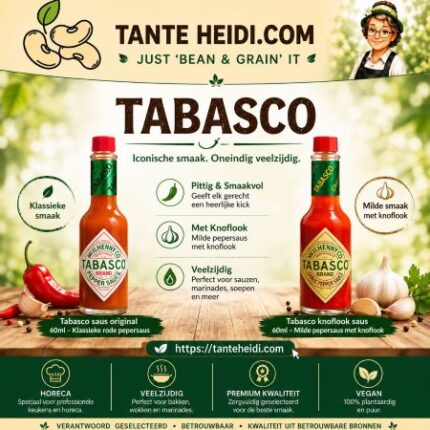 Tabasco Original en Tabasco Knoflook pepersaus 60 ml samen op één afbeelding van Tante Heidi.