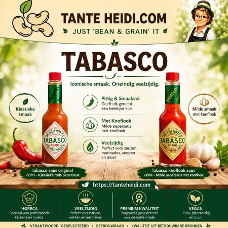 Tabasco Original en Knoflook Pepersaus – Tante Heidi Tabasco Original en Tabasco Knoflook pepersaus 60 ml samen op één afbeelding van Tante Heidi.