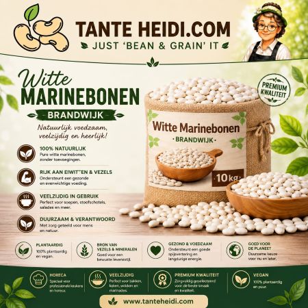 Witte Marinebonen Brandwijk 10 kg TanteHeidi.com Brandwijk witte marinebonen 10 kg, gedroogde bonen voor soepen, stoofgerechten, salades en maaltijdgerechten.