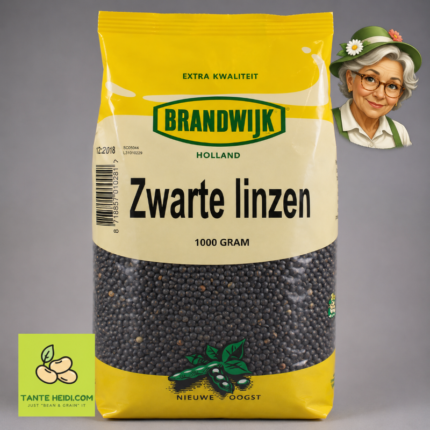 Zwarte linzen Brandwijk 1000g met Tante Heidi logo en illustratie