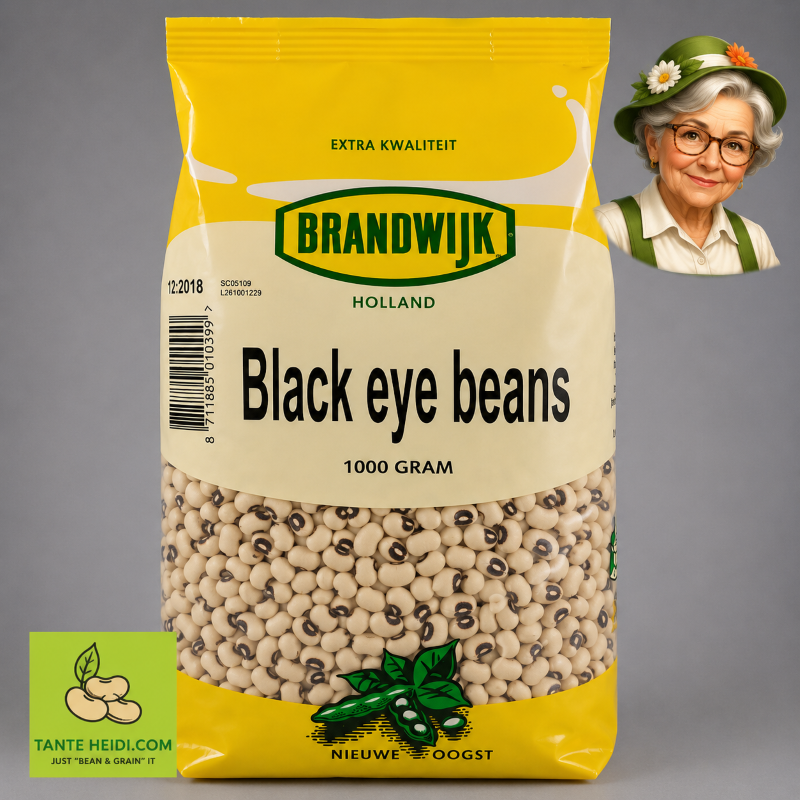 Zwarte oogbonen Brandwijk 1000g Zwarte oogbonen Brandwijk 1000g met Tante Heidi logo en illustratie