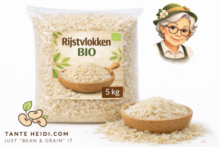 Biologische rijstvlokken 5kg in verpakking met kom rijstvlokken TanteHeidi