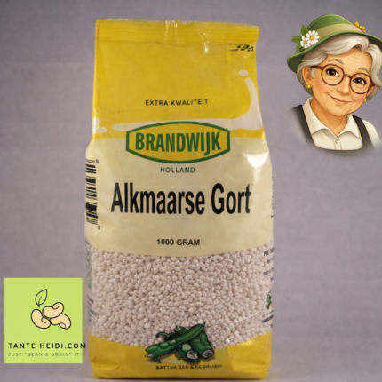 Brandwijk Alkmaarse gort 1000g verpakking met Tante Heidi illustratie en logo