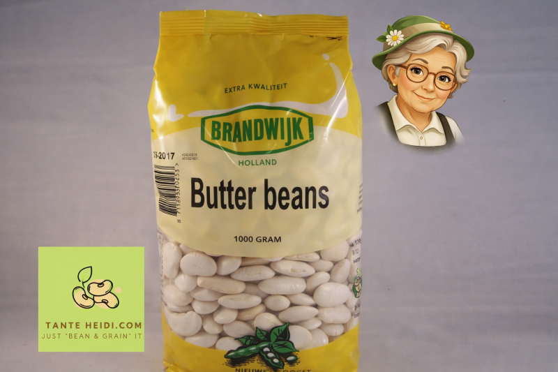 Boterbonen Brandwijk 1000 gram – TanteHeidi.com Brandwijk boterbonen 1000g verpakking met Tante Heidi illustratie en logo