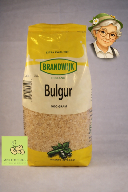 Brandwijk bulgur 1000g verpakking met Tante Heidi illustratie en logo