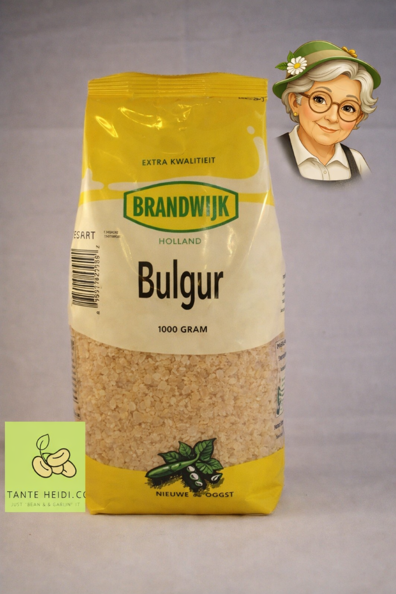 Bulgur Brandwijk 1000 gram – TanteHeidi.com Brandwijk bulgur 1000g verpakking met Tante Heidi illustratie en logo