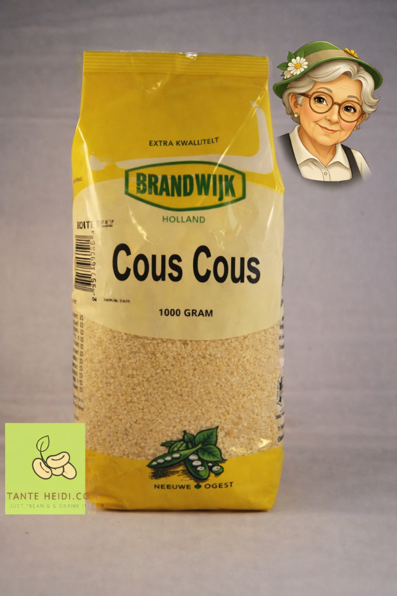 Couscous Brandwijk 1000 gram – TanteHeidi.com Brandwijk couscous 1000g verpakking met Tante Heidi illustratie en logo