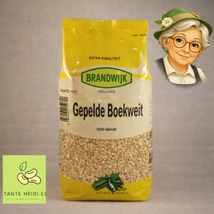 Brandwijk gepelde boekweit 1000g verpakking met Tante Heidi illustratie en logo