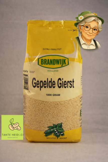 Brandwijk gepelde gierst 1000g verpakking met Tante Heidi illustratie en logo