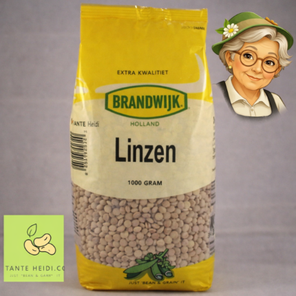 Brandwijk linzen 1000g verpakking met Tante Heidi illustratie en logo