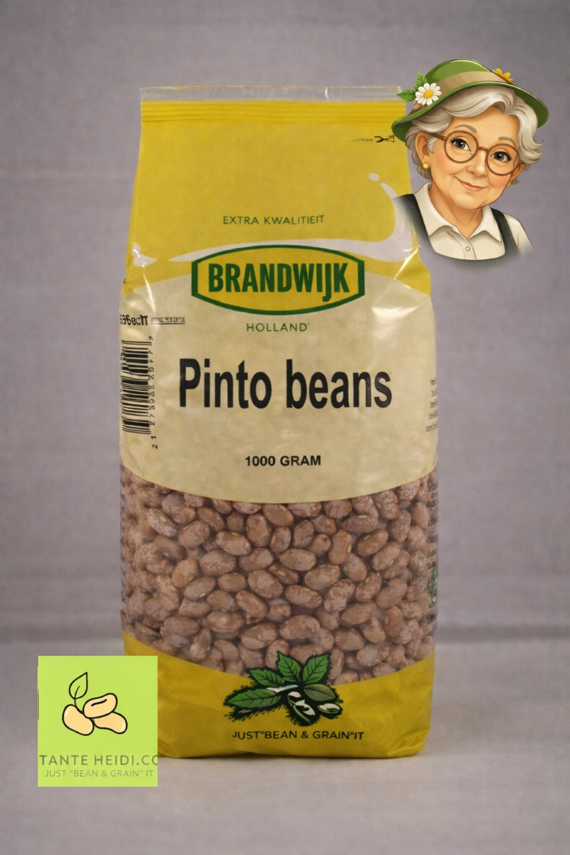 Pinto beans Brandwijk 1000 gram – TanteHeidi.com Brandwijk pinto beans 1000g verpakking met Tante Heidi illustratie en logo