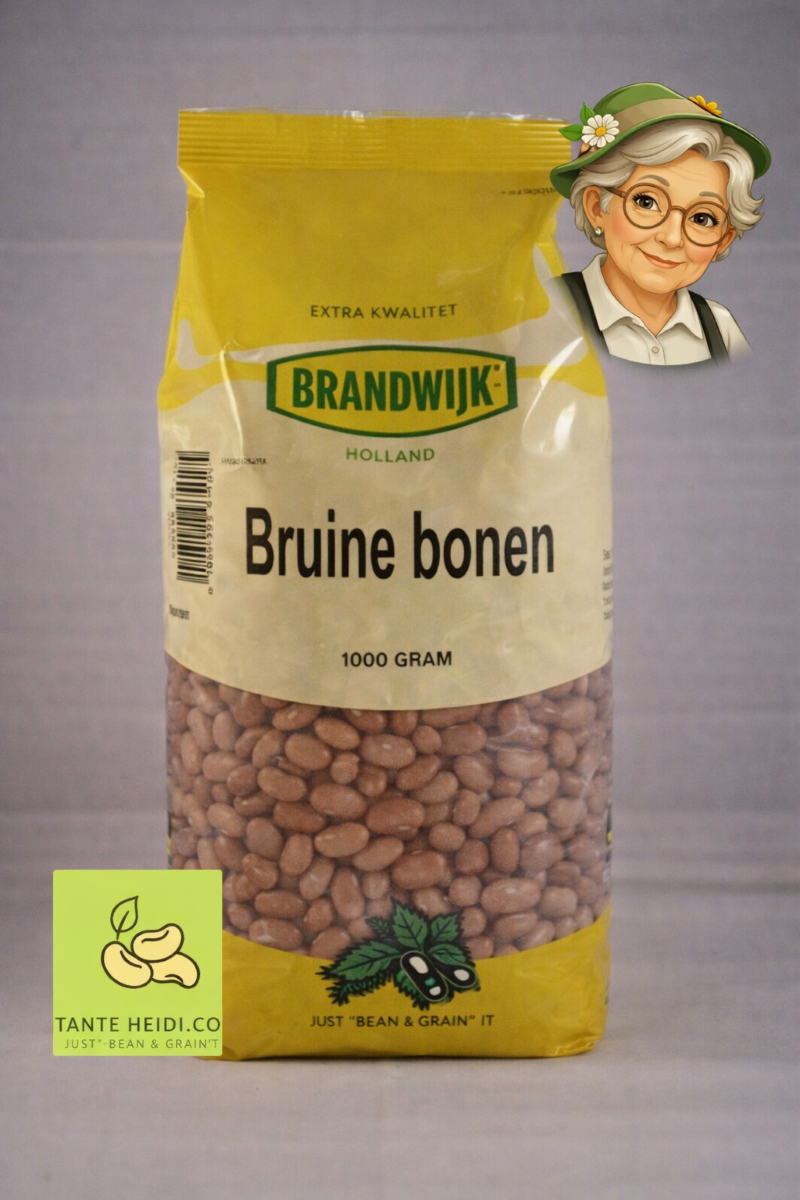 Bruine bonen Brandwijk 1000g – Tante Heidi Bruine bonen Brandwijk 1000g verpakking met Tante Heidi afbeelding rechtsboven en logo linksonder