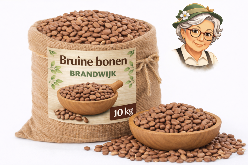 Bruine bonen Brandwijk 10kg grootverpakking Bruine bonen Brandwijk 10kg in jute zak met houten kom en losse bonen