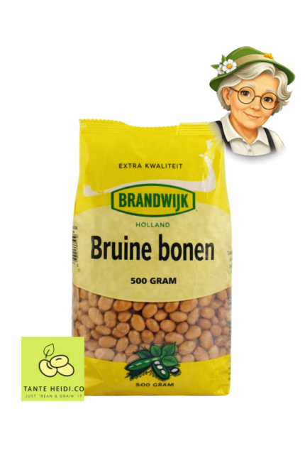 Bruine bonen Brandwijk 500g verpakking met Tante Heidi rechtsboven en logo linksonder