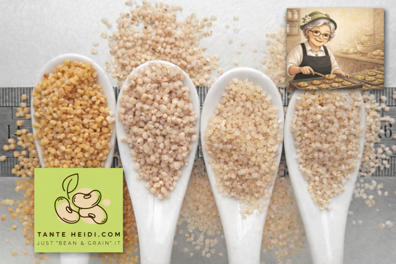 Gierst in lepels glutenvrij graan met Tante Heidi logo en illustratie