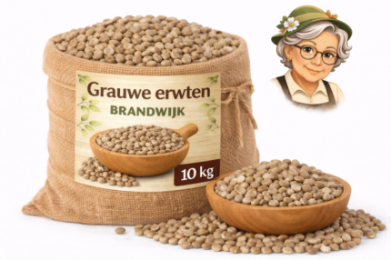 Grauwe erwten Brandwijk 10kg in jute zak met houten kom en losse erwten