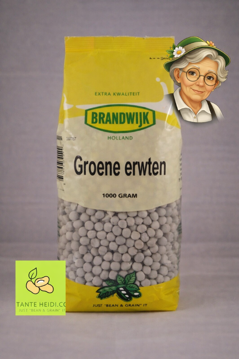 Groene erwten Brandwijk 1000g – Tante Heidi Groene erwten Brandwijk 1000g verpakking met Tante Heidi rechtsboven en logo linksonder