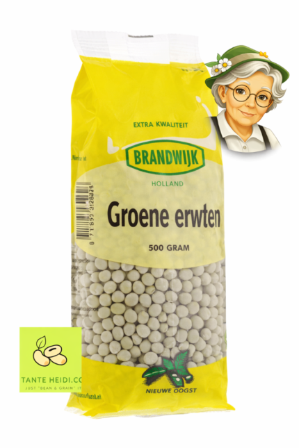 Groene erwten Brandwijk 500g verpakking met Tante Heidi rechtsboven en logo linksonder
