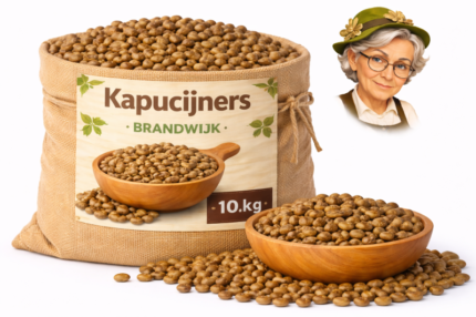 Kapucijners Brandwijk 10kg in jute zak met houten kom en losse kapucijners