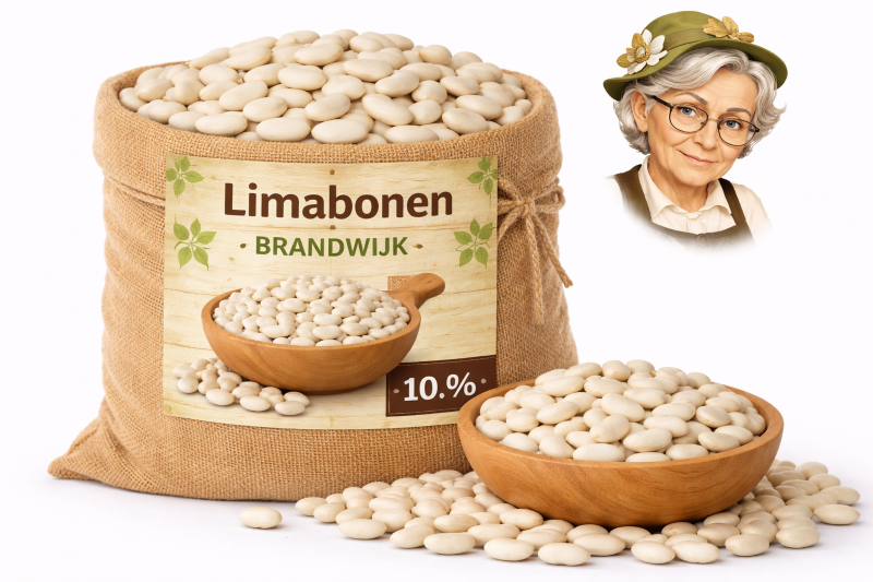 Limabonen Brandwijk 10kg Limabonen Brandwijk 10kg in jute zak met houten kom en losse bonen