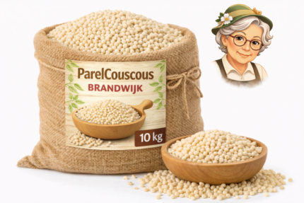 Parel couscous Brandwijk 10kg in jute zak met losse couscous en kom
